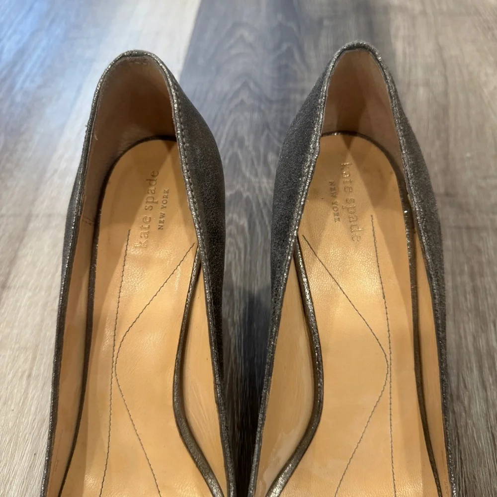 Kate Spade Heels Womens 9 Gray Shimmer Open Toed Pump Bows Cocktail Party